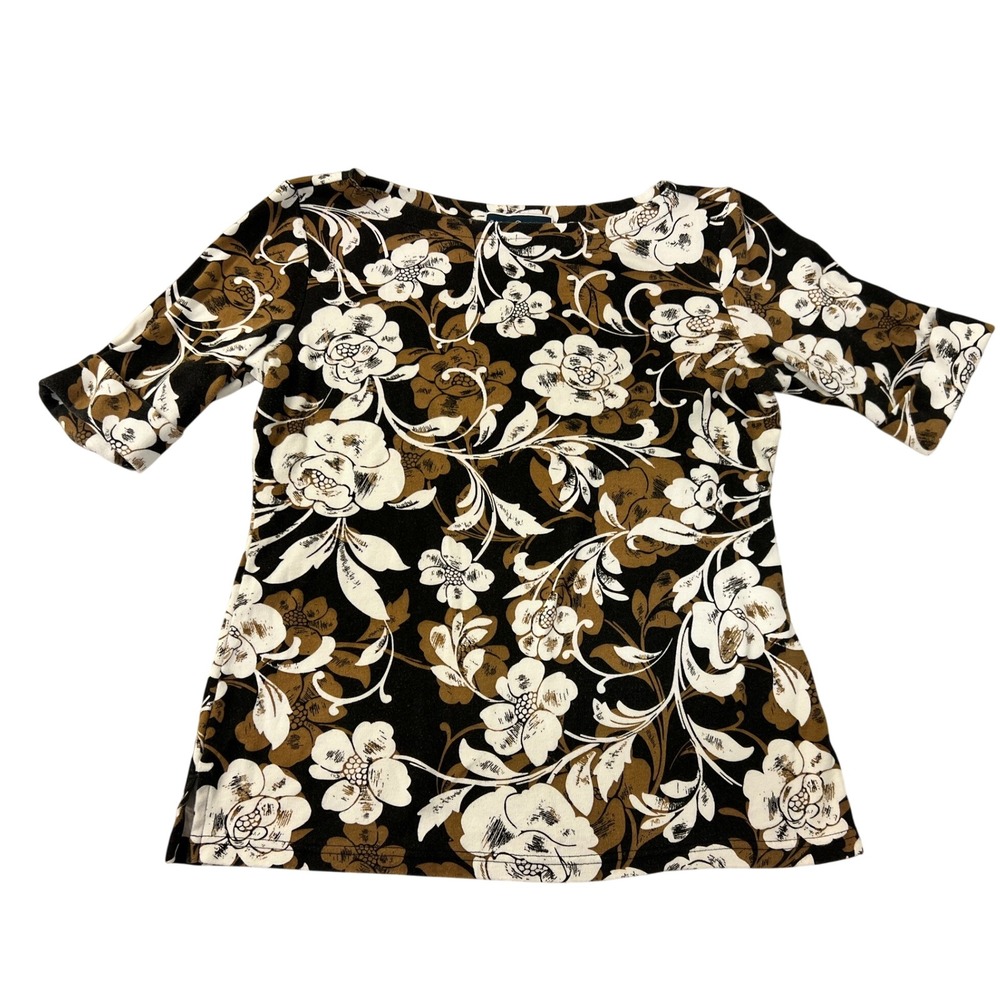 Karen Scott Womens Black Tan White Floral Boat Neck Short Sleeve Knit Top M